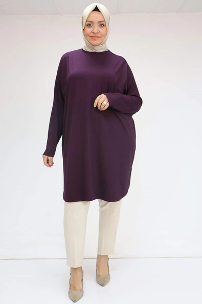 38111 Büyük Beden Basic Penye Tunik - Mor