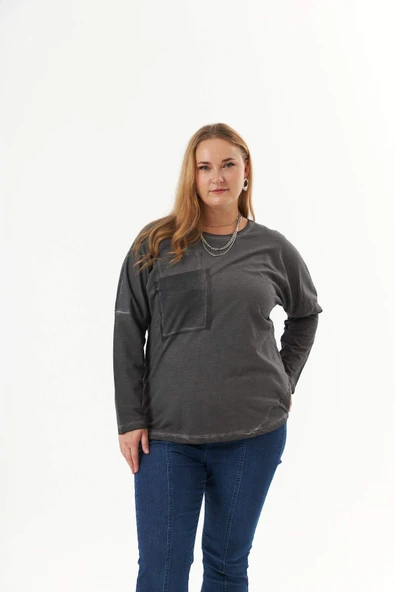 Büyük Beden Cep Detay Parça Boya Sweatshirt Füme - 5