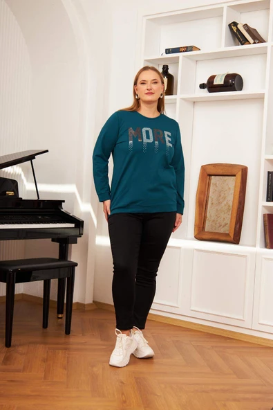 Büyük Beden Taş Baskılı Sweatshirt  Petrol - 5