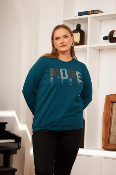 Büyük Beden Taş Baskılı Sweatshirt  Petrol - 4