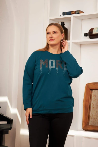 Büyük Beden Taş Baskılı Sweatshirt  Petrol - 3