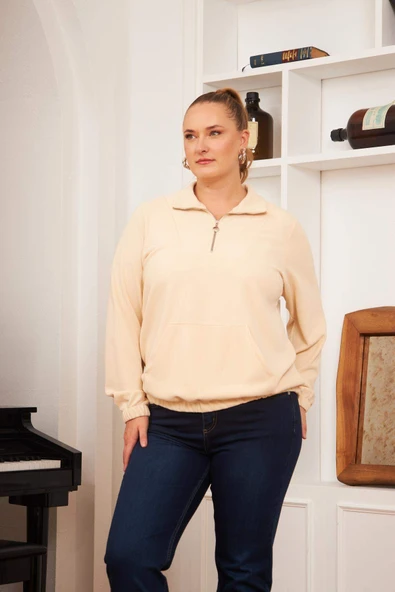 Büyük Beden Yakası Fermuarlı Sweatshirt Ekru - 4
