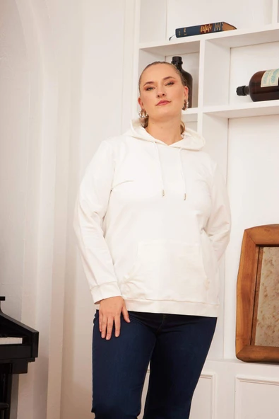 Rmg Kapşonlu Büyük Beden Beyaz Sweatshirt - 3