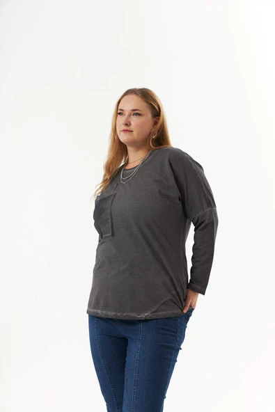 Büyük Beden Cep Detay Parça Boya Sweatshirt Füme - 4