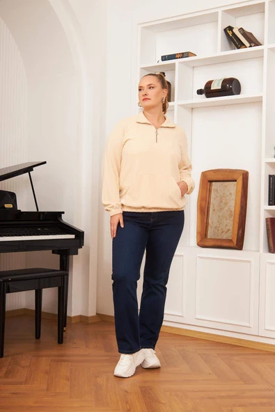 Büyük Beden Yakası Fermuarlı Sweatshirt Ekru - 5