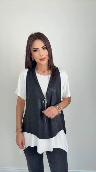 Kadın Kısa Kollu Yuvarlak Yaka Viskon Bluz + Kolsuz Fermuarlı çatlak Deri Yelek - 1