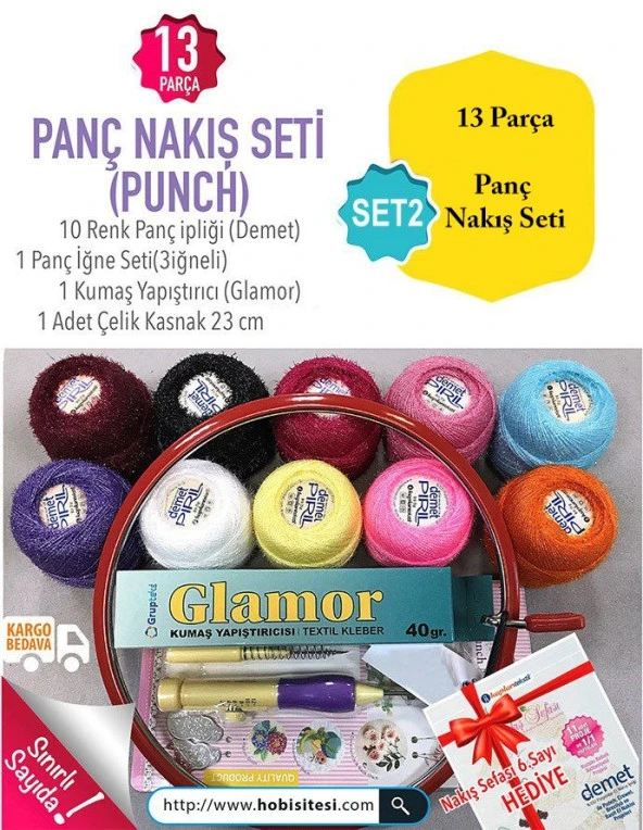 Panç Nakış Seti (Punch) 13 Parça-İğne-ip-Yapıştırıcı-Kasnak