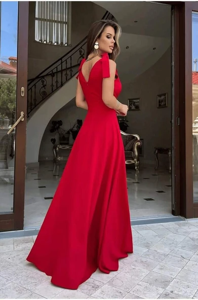 Kadın Askılı Omuzdan Bağlamalı Kruvaze Yakalı Uzun Yırtmaçlı Janjan Krep Elbise - 2
