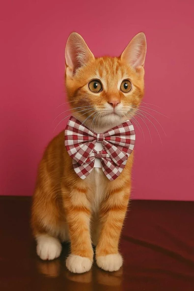 KEDİ VE KÖPEKLER İÇİN EL YAPIMI KIRMIZI EKOSE PAPYON - 2