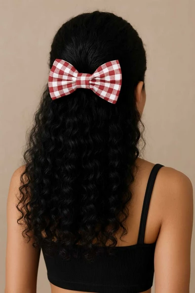 El Yapımı Kırmızı Beyaz Ekose Kumaş Fiyonk Toka – Büyük Boy Saç Aksesuarı - 2