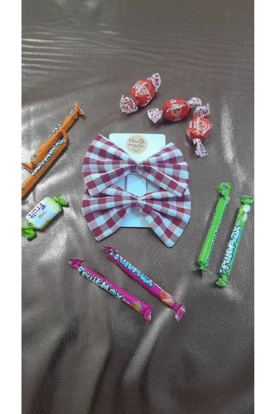 El Yapımı Kırmızı Beyaz Ekose Kumaş Fiyonk Toka – Büyük Boy Saç Aksesuarı - 4