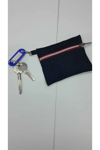 ANAHTARLIKLI KOT CÜZDAN EL YAPIMI LACİVERT FERMUAR DETAYLI