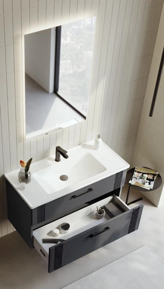 Orka Bari 100 cm Antrasit Banyo Dolabı Takımı (Ledli Ayna) - Resim 3