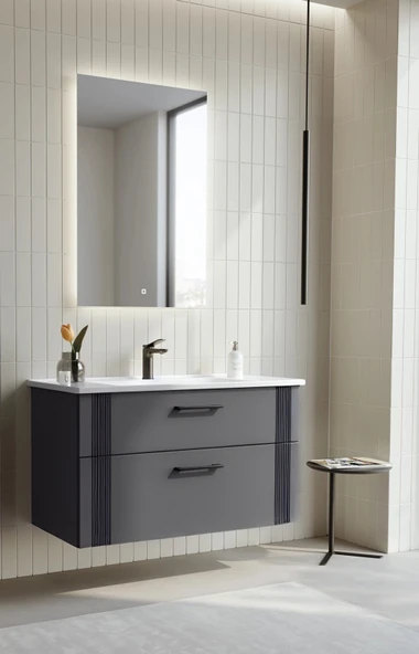 Orka Bari 100 cm Antrasit Banyo Dolabı Takımı (Ledli Ayna) - Resim 4