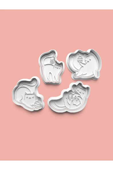 Oyun Oynayan Sevimli Kedi Kurabiye Kalıbı Ve Şeker Hamuru Kalıbı 4'lü set ürün görseli