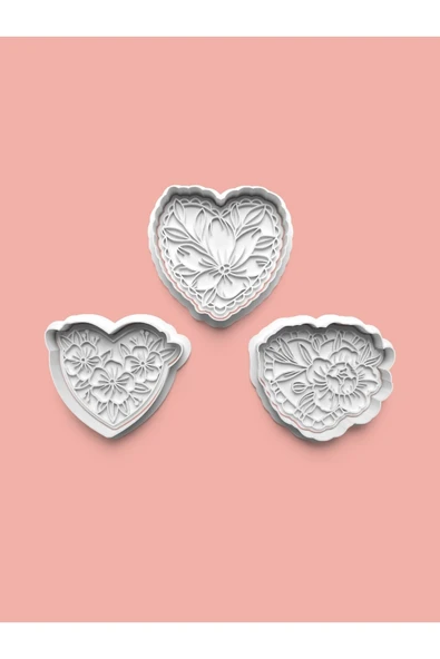 Çiçekli Kalpler Kurabiye Kalıbı Ve Şeker Hamuru Kalıbı 3'lü set ürün görseli 1