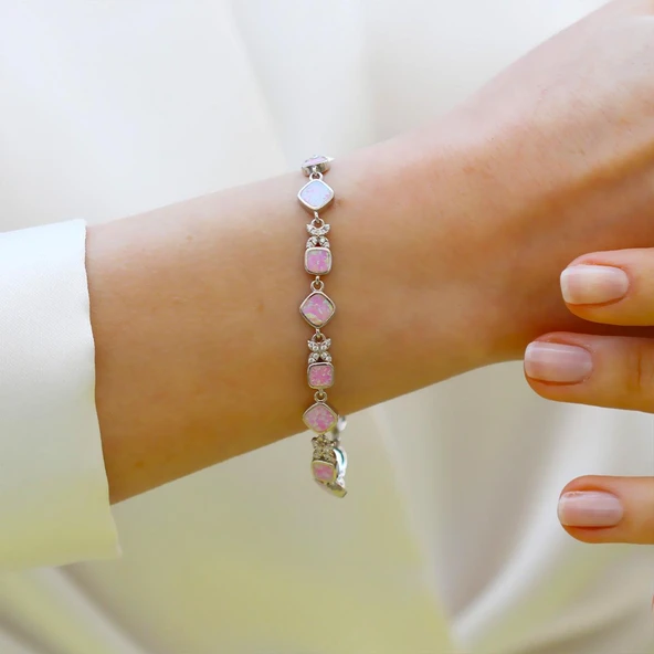Pembe Opal Taşlı Çiçek Gümüş Bileklik - Resim 3