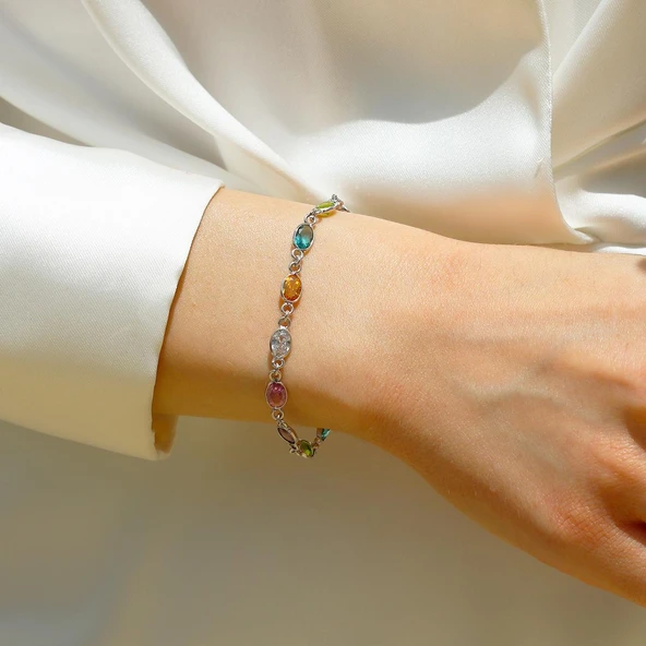 Elips Taşlı Renkli Gümüş Bileklilk - Resim 6