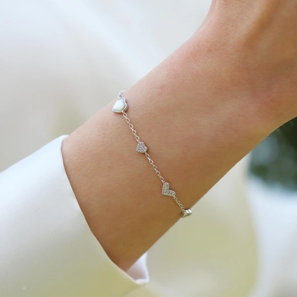 Kalp Sedef Taşlı Gümüş Bileklik - Resim 2