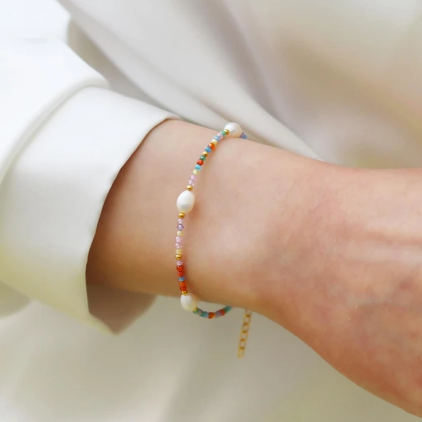 Doğaltaş Renkli İncili Gümüş Bileklik - Resim 3