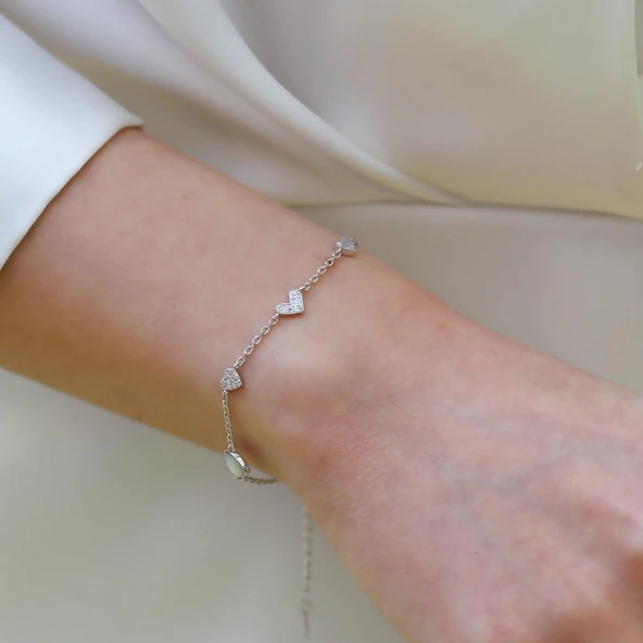 Kalp Sedef Taşlı Gümüş Bileklik - Resim 4