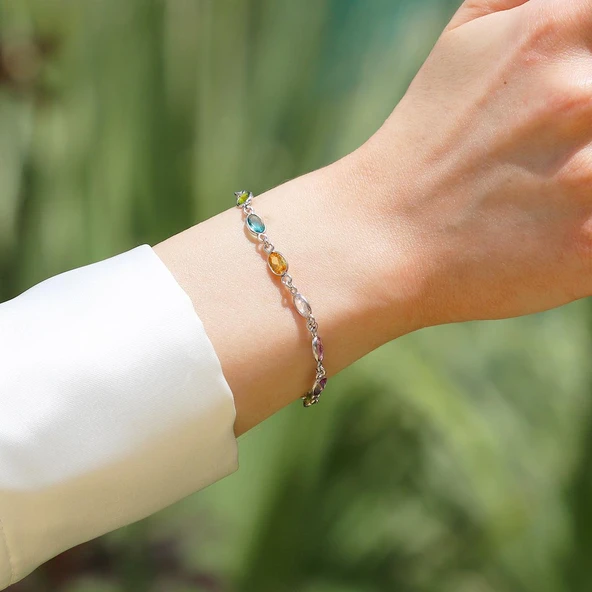 Elips Taşlı Renkli Gümüş Bileklilk - Resim 4