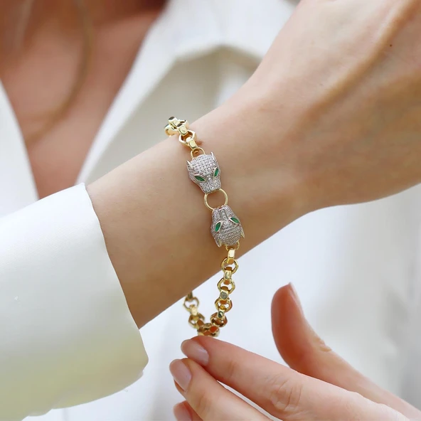 Kaplan Başlı Hallow Gold Gümüş Bileklik ürün görseli 1