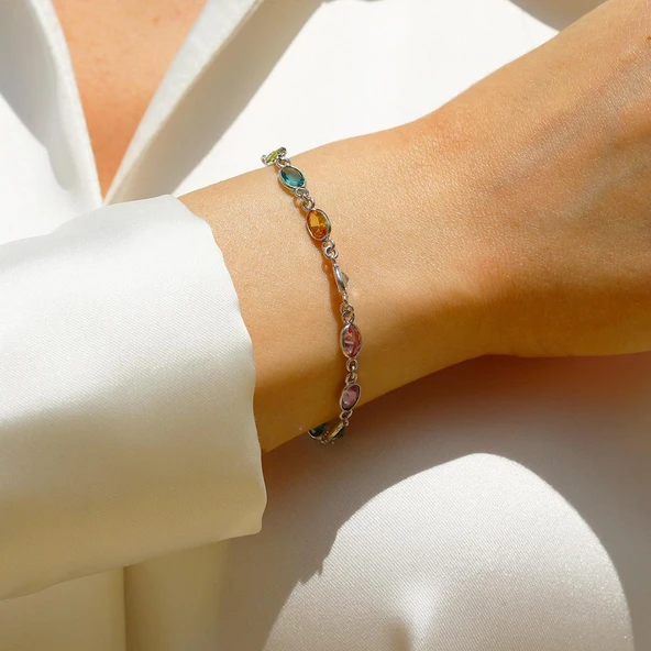 Elips Taşlı Renkli Gümüş Bileklilk - Resim 5