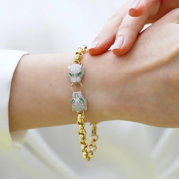 Kaplan Başlı Hallow Gold Gümüş Bileklik - Resim 3