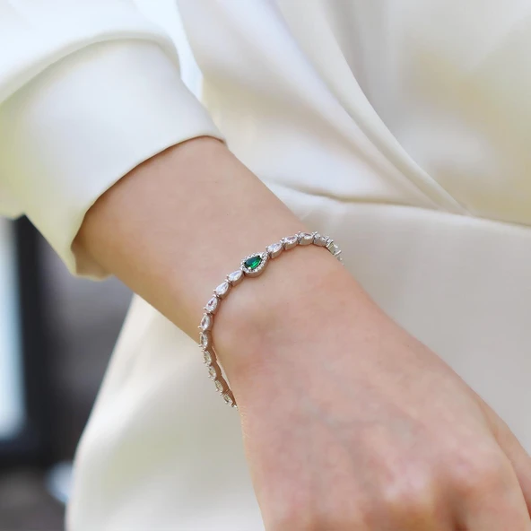 Damla Yeşil Zirkon Taşlı Gümüş Bileklik - Resim 4