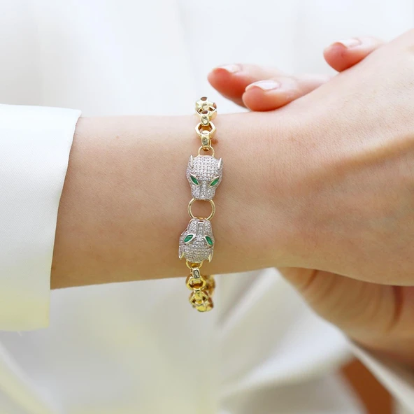 Kaplan Başlı Hallow Gold Gümüş Bileklik - Resim 2