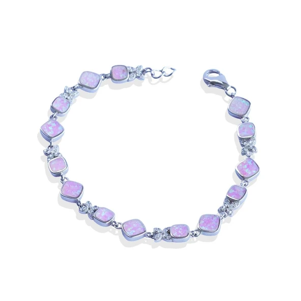 Pembe Opal Taşlı Çiçek Gümüş Bileklik - Resim 5