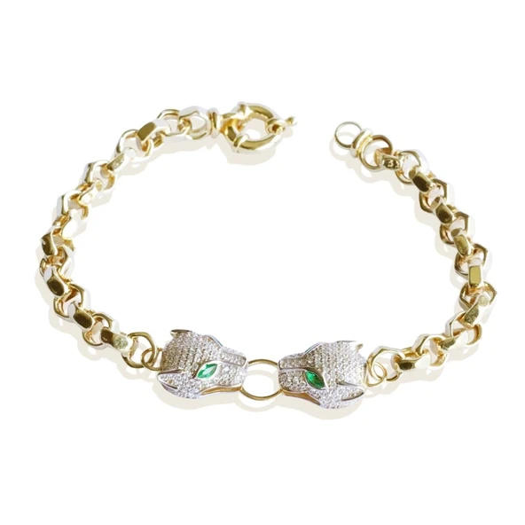 Kaplan Başlı Hallow Gold Gümüş Bileklik - Resim 5