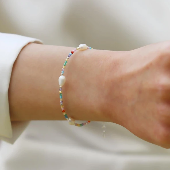 Doğaltaş Renkli İncili Gümüş Bileklik - Resim 5