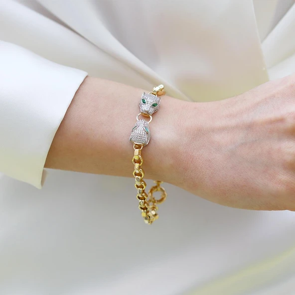 Kaplan Başlı Hallow Gold Gümüş Bileklik - Resim 4