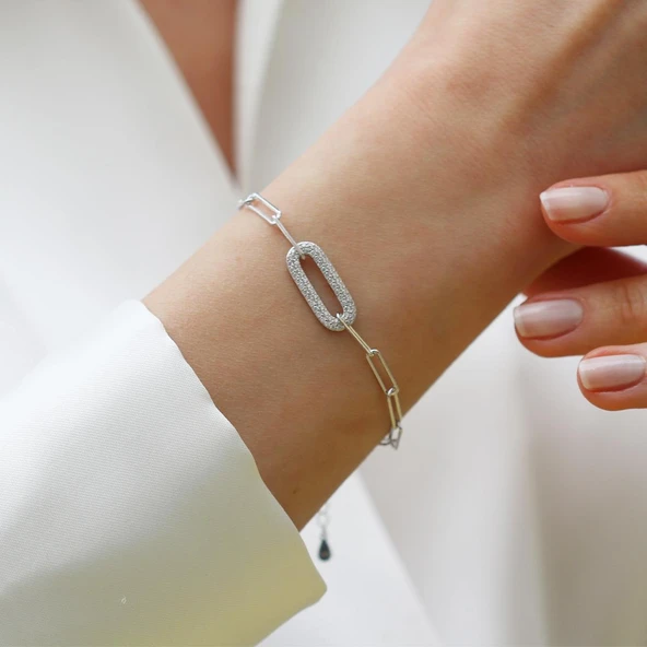 Trend Zincirli Taşlı Gümüş Bileklik - Resim 5