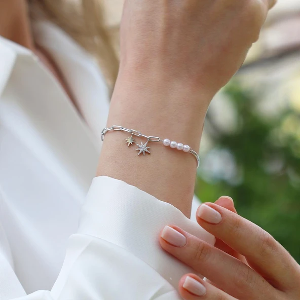 İncili Kutup Yıldızı Gümüş Trend Bileklik - Resim 5