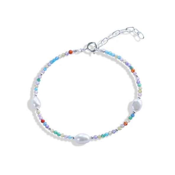 Doğaltaş Renkli İncili Gümüş Bileklik - Resim 8