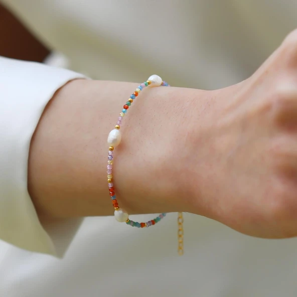 Doğaltaş Renkli İncili Gümüş Bileklik - Resim 2