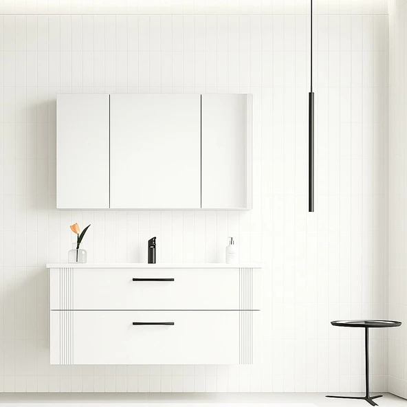 Orka Bari 100 cm Beyaz Banyo Dolabı Takımı (Dolaplı Ayna) ürün görseli