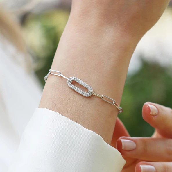 Trend Zincirli Taşlı Gümüş Bileklik - Resim 6