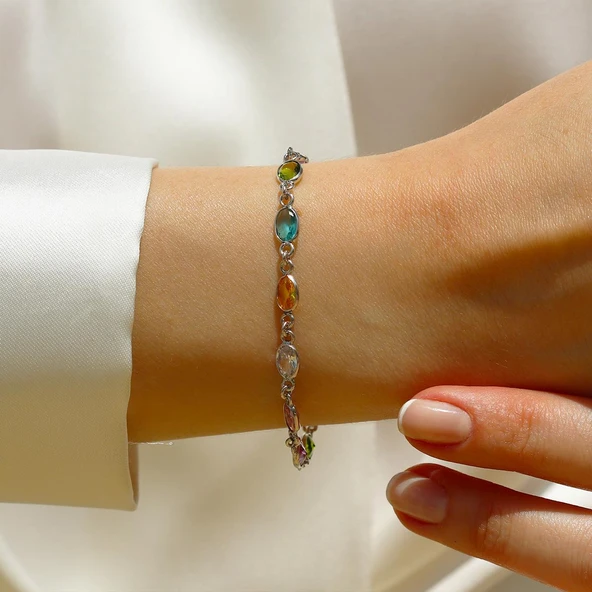 Elips Taşlı Renkli Gümüş Bileklilk - Resim 7