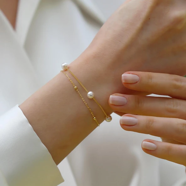 Çift Zincirli İncili Gümüş Bileklik ürün görseli 1