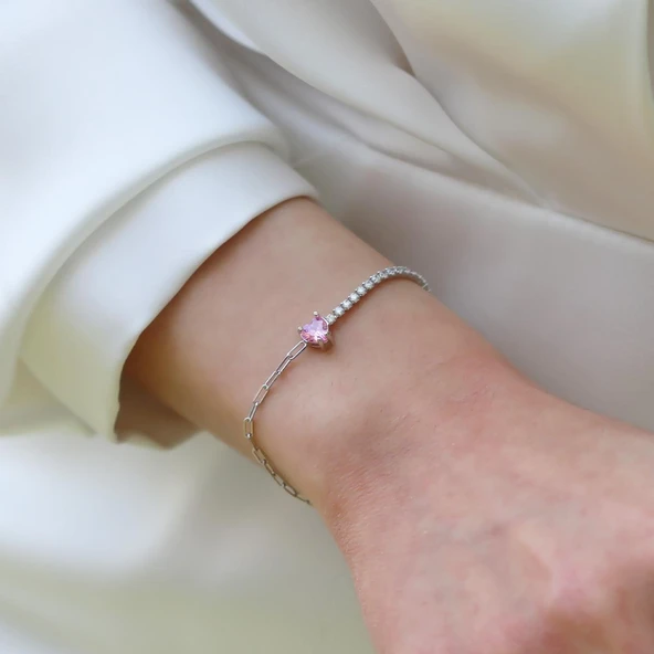 Pembe Taşlı Su Yolu Trend Gümüş Bileklik ürün görseli 1
