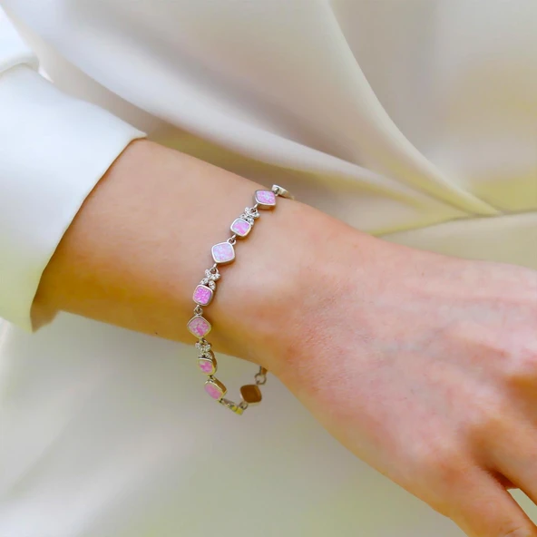 Pembe Opal Taşlı Çiçek Gümüş Bileklik - Resim 4