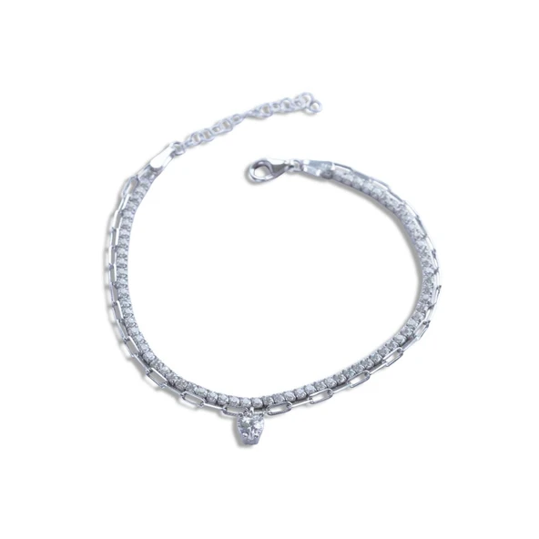 Çift Zincirli Kalpli Gümüş Bileklik - Resim 2