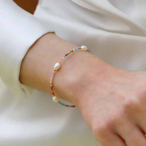 Doğaltaş Renkli İncili Gümüş Bileklik ürün görseli 1