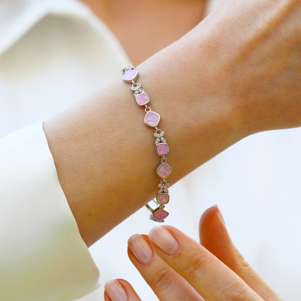 Pembe Opal Taşlı Çiçek Gümüş Bileklik ürün görseli 1