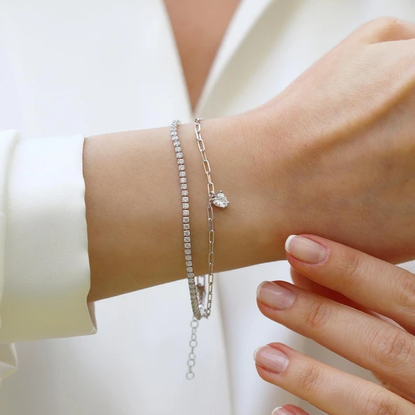 Çift Zincirli Kalpli Gümüş Bileklik - Resim 4