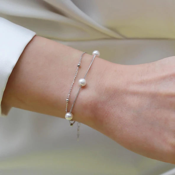 Çift Zincirli İncili Gümüş Bileklik - Resim 7